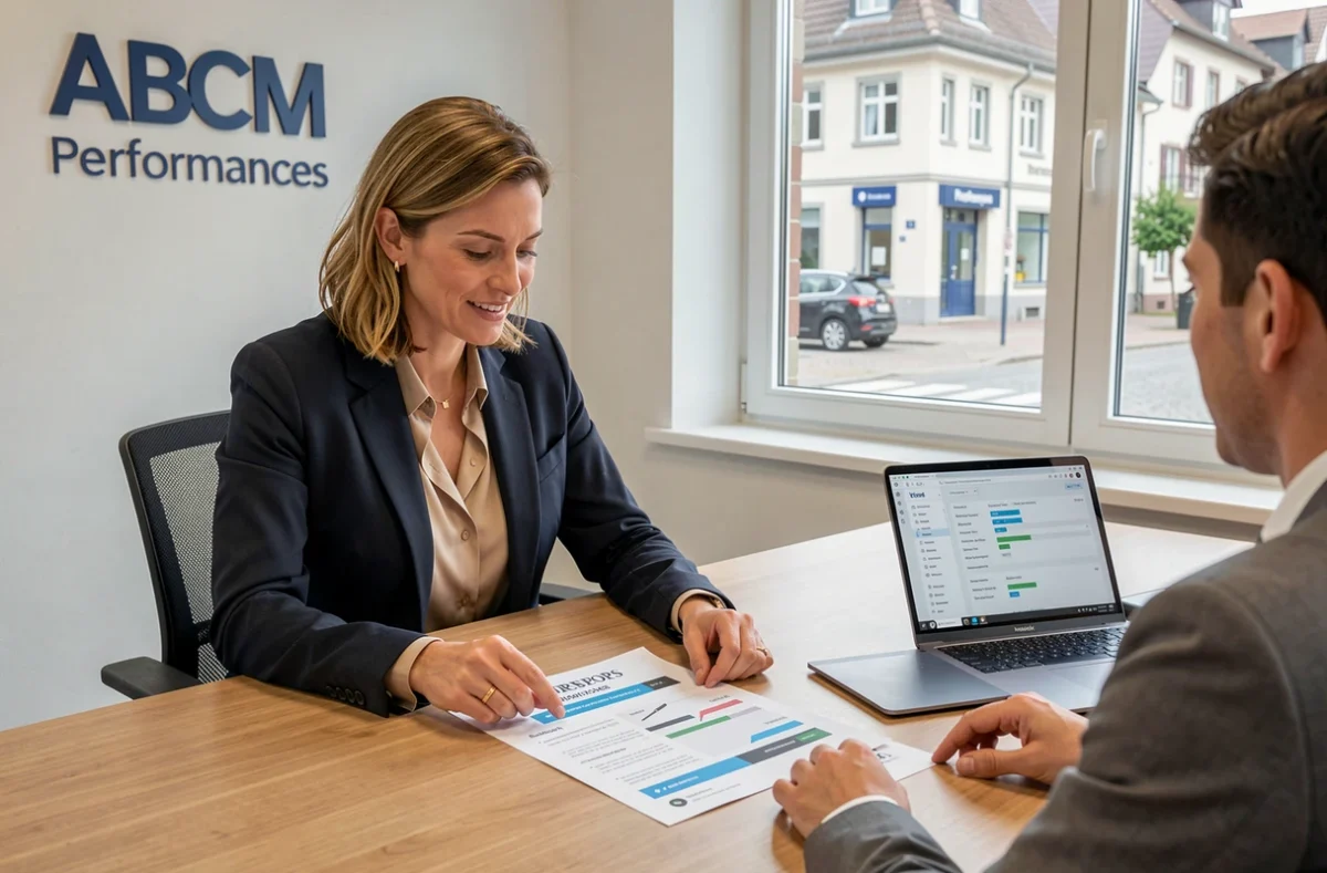 Consultante d'ABCM Performances présentant un rapport de performances WordPress à un client dans une salle de réunion professionnelle