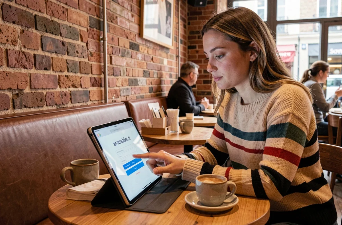 Jeune femme accédant à sa messagerie ac-versailles.fr sur une tablette dans un café