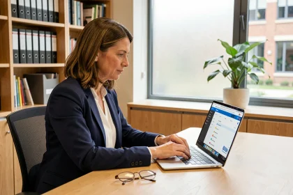 Femme professionnelle accédant à son webmail universitaire Orléans Tours sur un ordinateur portable dans un bureau académique moderne
