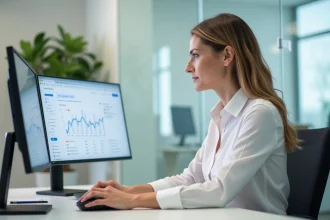 Professionnelle analysant son historique d'activité Google sur un grand écran de bureau dans un open space moderne