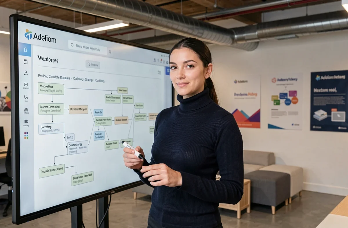 Chef de projet digital d'Adeliom présentant une stratégie de contenu WordPress sur un écran interactif dans un studio créatif