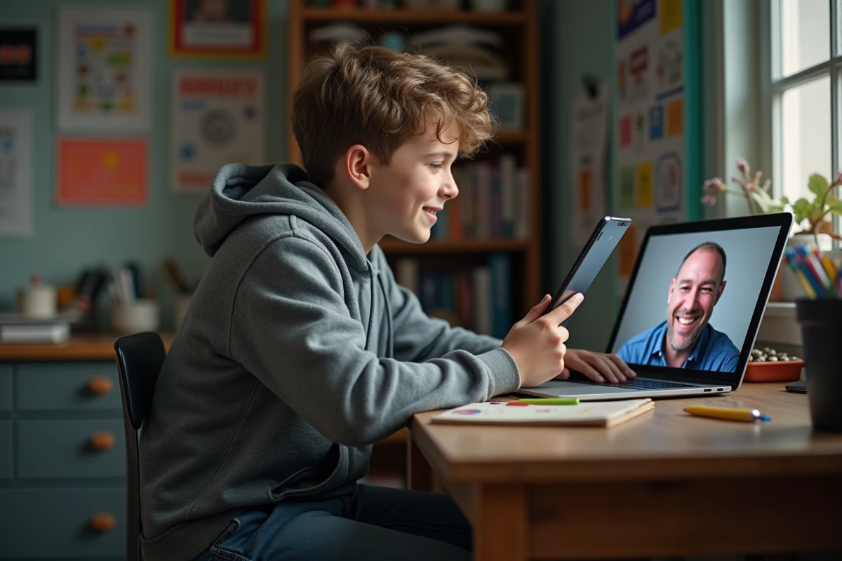 Adolescent en vidéo chat avec son père dans sa chambre