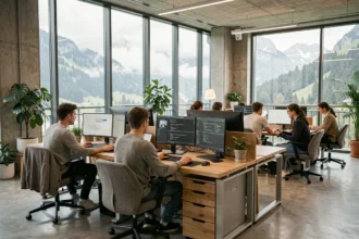Bureau moderne d'une agence de développement web en Haute-Savoie avec vue sur les montagnes