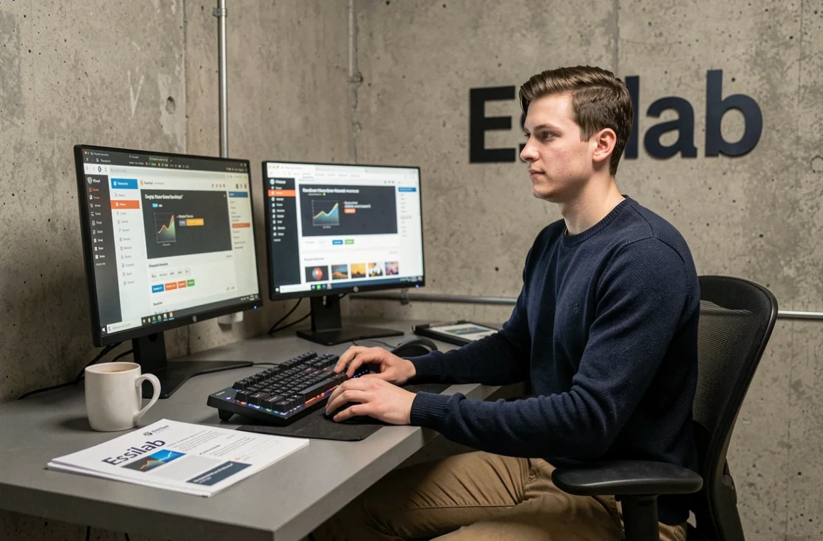 Développeur de l'agence Esilab travaillant sur un projet WordPress dans un studio moderne avec signalétique de marque