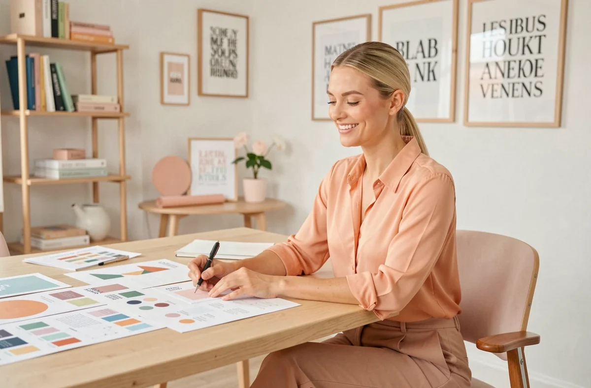 Directrice créative de l'Agence Peach examinant des maquettes d'identité de marque dans un studio au design scandinave