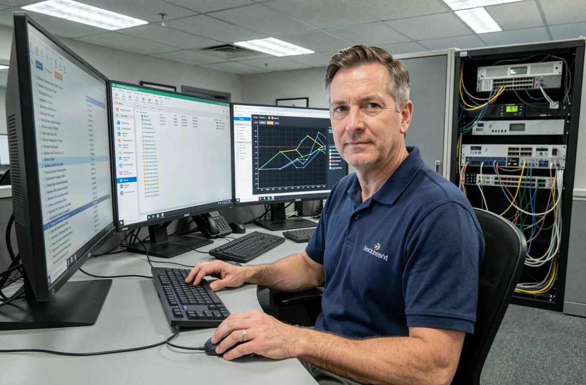 Technicien informatique d'Alesta Computer gérant des interfaces serveur et des réseaux dans un bureau technique équipé