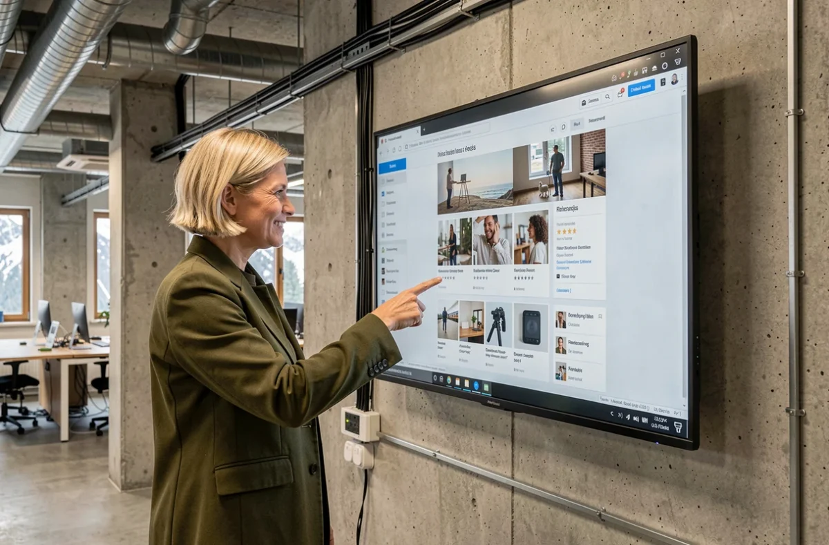 Designer UX de l'agence Altimax présentant un prototype d'e-commerce sur grand écran mural