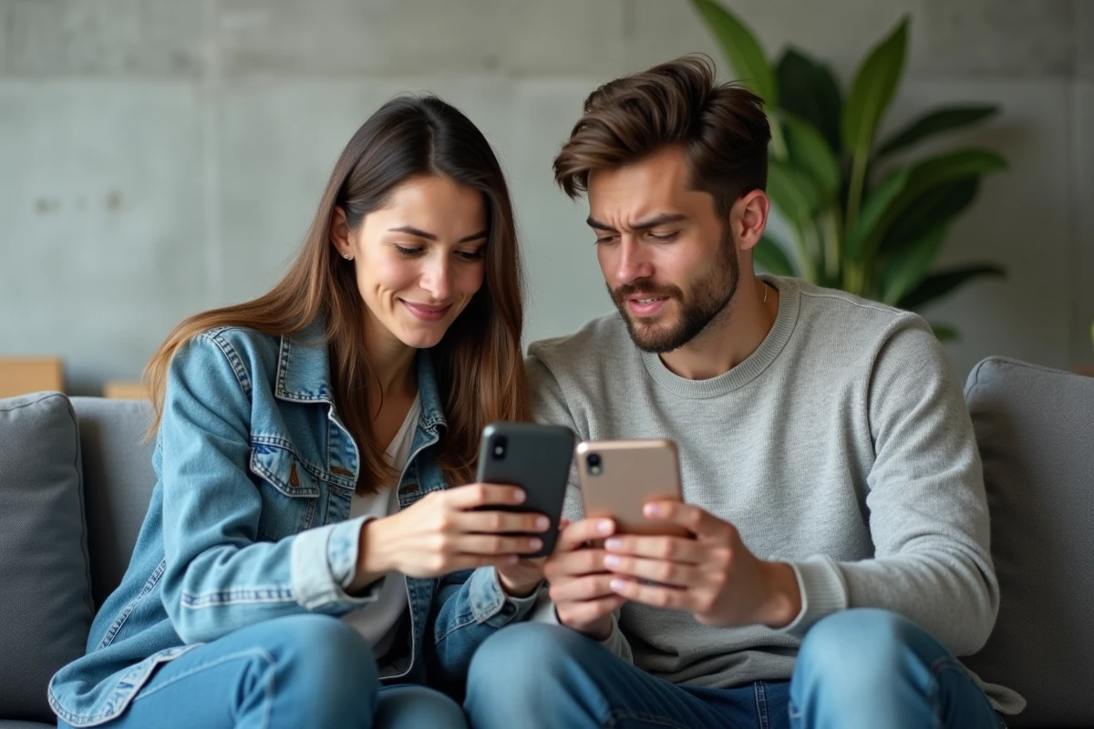 Deux amis sur un canapé regardant une story Instagram privée sur un smartphone ensemble