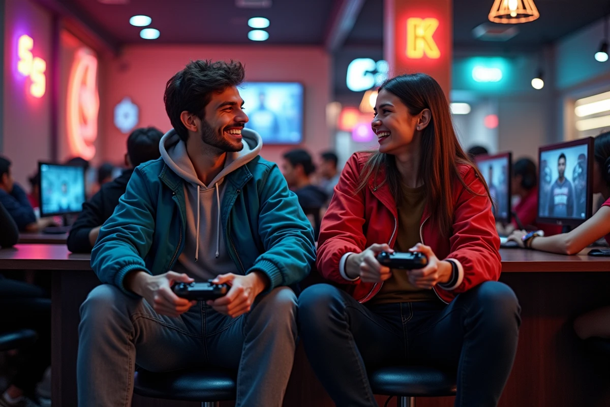 Deux amis gamers riant ensemble dans un café esport moderne avec des stations de jeu et une ambiance compétitive en 2026