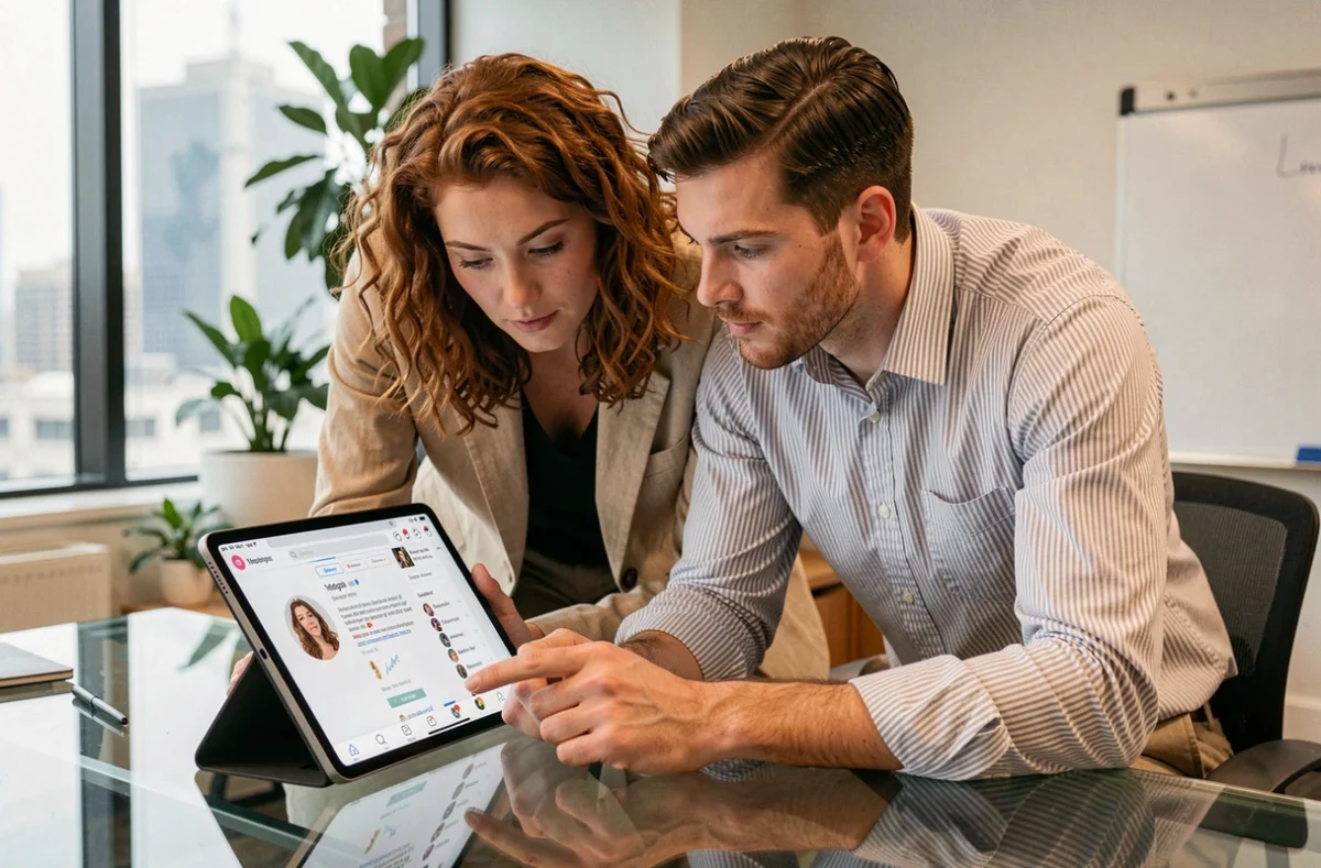 Deux collègues analysant un profil Instagram sur une tablette dans un bureau moderne