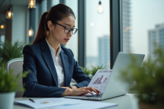 Analyste femme en bureau moderne avec graphique de donnees