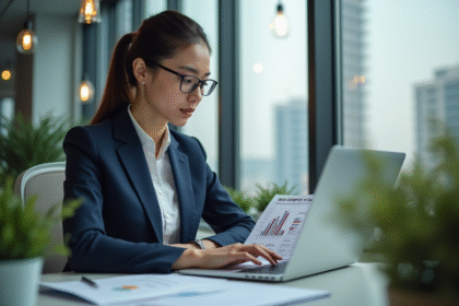 Analyste femme en bureau moderne avec graphique de donnees