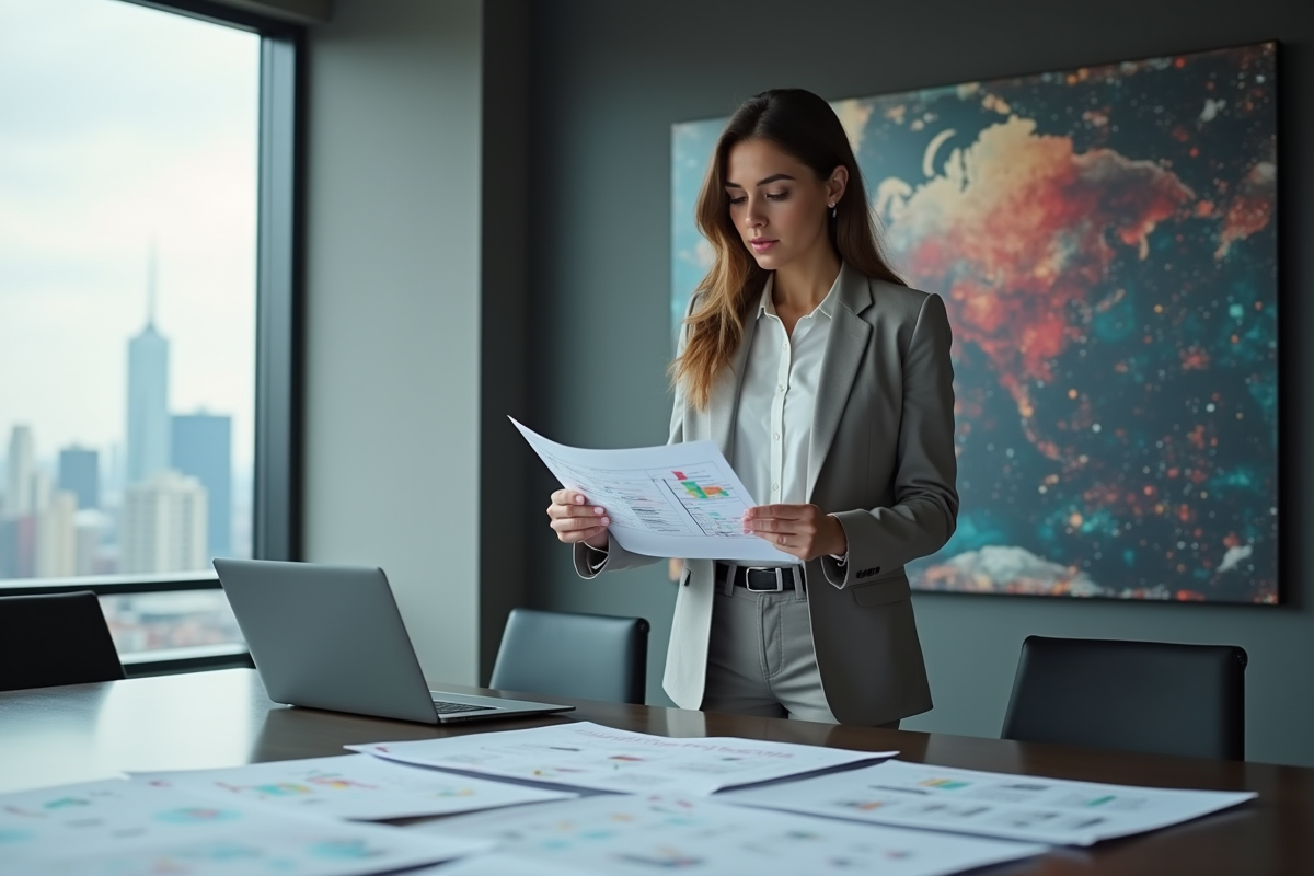 Analyste femme examine un schema dans une salle de reunion