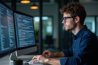 Jeune homme en analyse de logs web dans un bureau moderne
