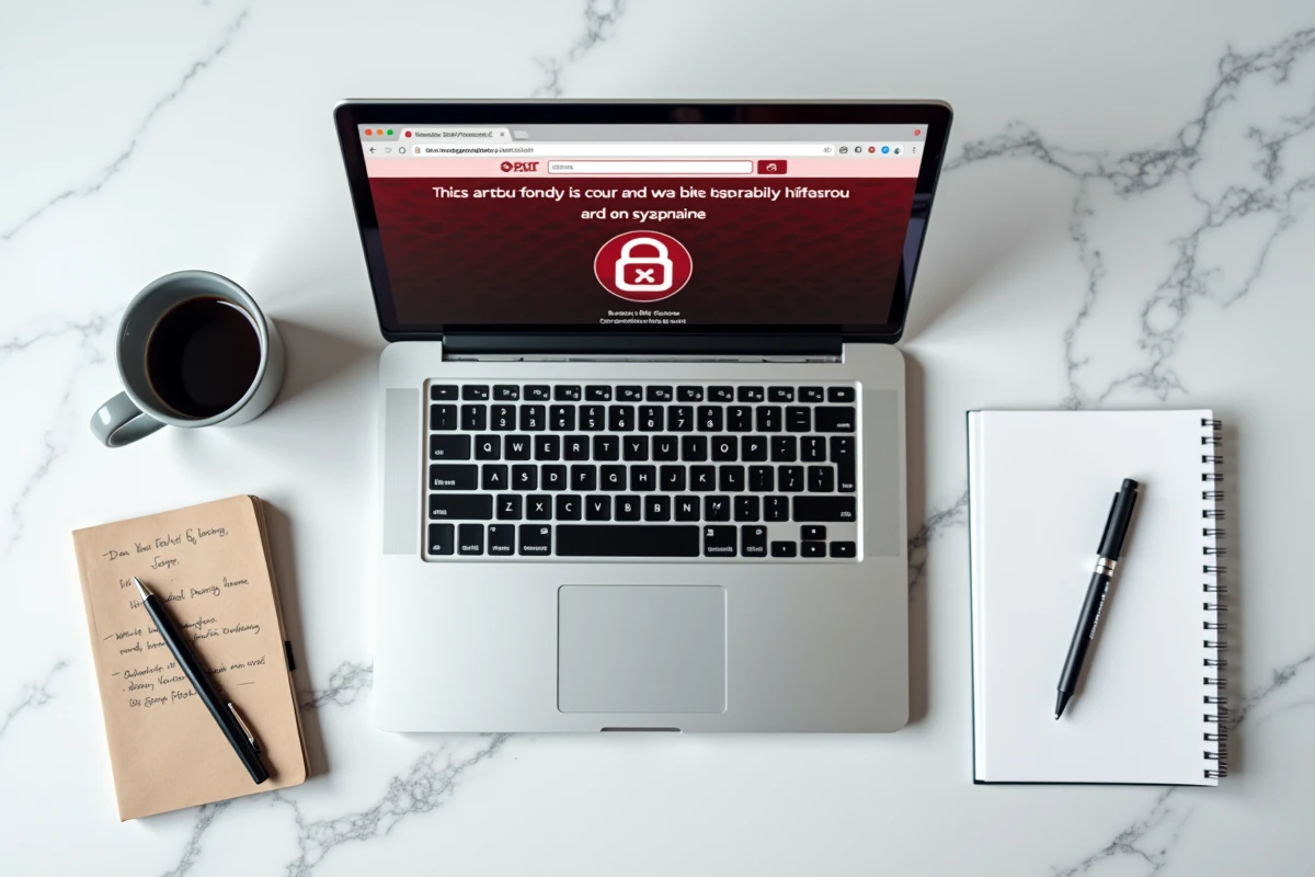 Vue aérienne d'un ordinateur portable affichant un avertissement de site web non fiable sur un bureau en marbre