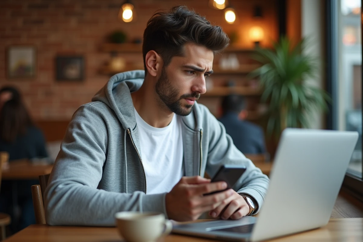 Jeune entrepreneur consultant des avis sur un service de transfert de fichiers depuis un café avec son smartphone et son laptop