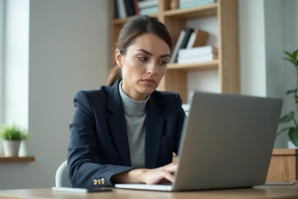 Femme professionnelle évaluant un service de transfert de fichiers en ligne sur son ordinateur portable dans un bureau minimaliste