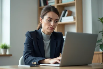 Femme professionnelle évaluant un service de transfert de fichiers en ligne sur son ordinateur portable dans un bureau minimaliste