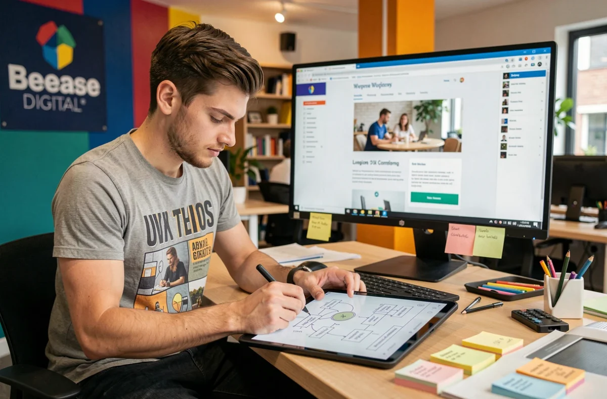 Designer UX de Beease Digital créant des wireframes pour un projet WordPress dans un studio créatif coloré