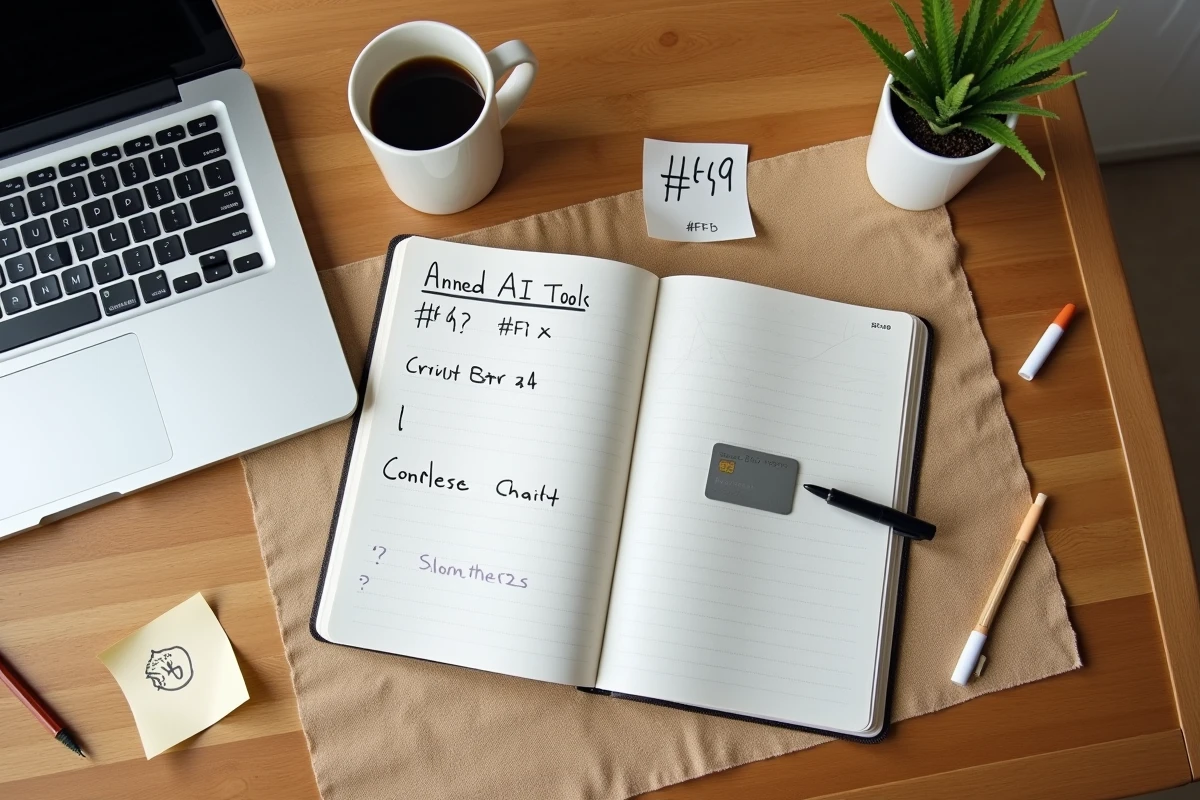 Vue aérienne d'un bureau avec carnet de notes comparant les coûts des abonnements ChatGPT et carte bancaire