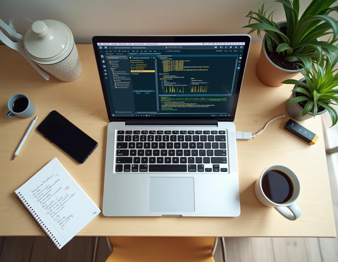 Vue aérienne d'un bureau avec ordinateur portable affichant les outils développeur DNS et un bloc-notes de dépannage réseau