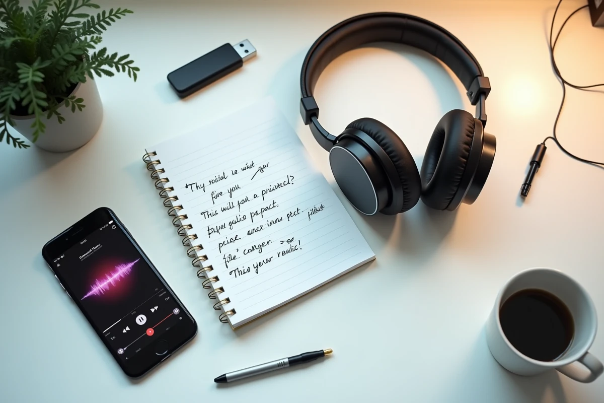 Vue aérienne d'un bureau avec casque audio, clé USB et smartphone illustrant le téléchargement de musique anonyme