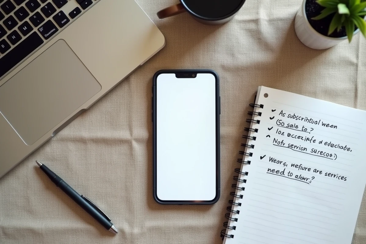 Vue de dessus d'un smartphone avec une page d'abonnement, un checklist imprimé et un carnet de notes sur une table en lin