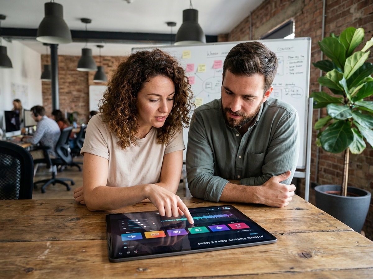Deux créatifs collaborant autour d'une interface d'IA musicale sur tablette dans un bureau d'agence créative