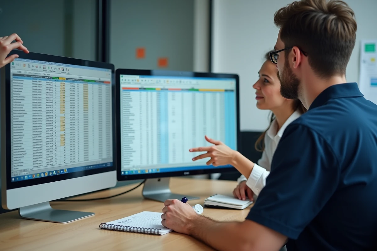 Deux collègues collaborant pour fusionner des doublons dans Excel sur poste de travail partagé