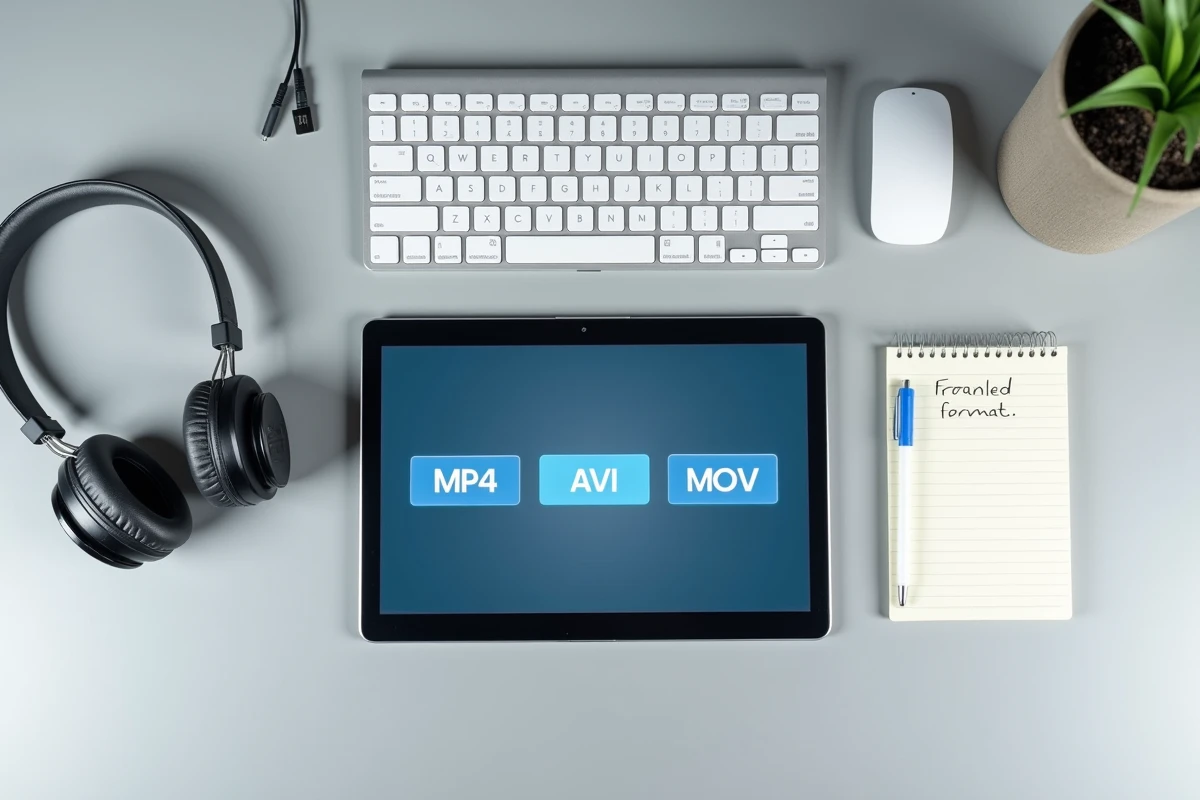 Vue aérienne d'un bureau minimaliste avec tablette affichant une comparaison de formats vidéo MP4 et accessoires