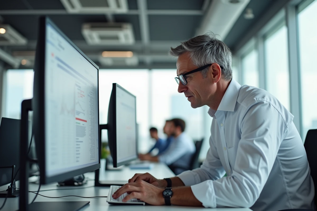 Homme comparant deux tailles d'écrans PC côte à côte dans un bureau professionnel en open space