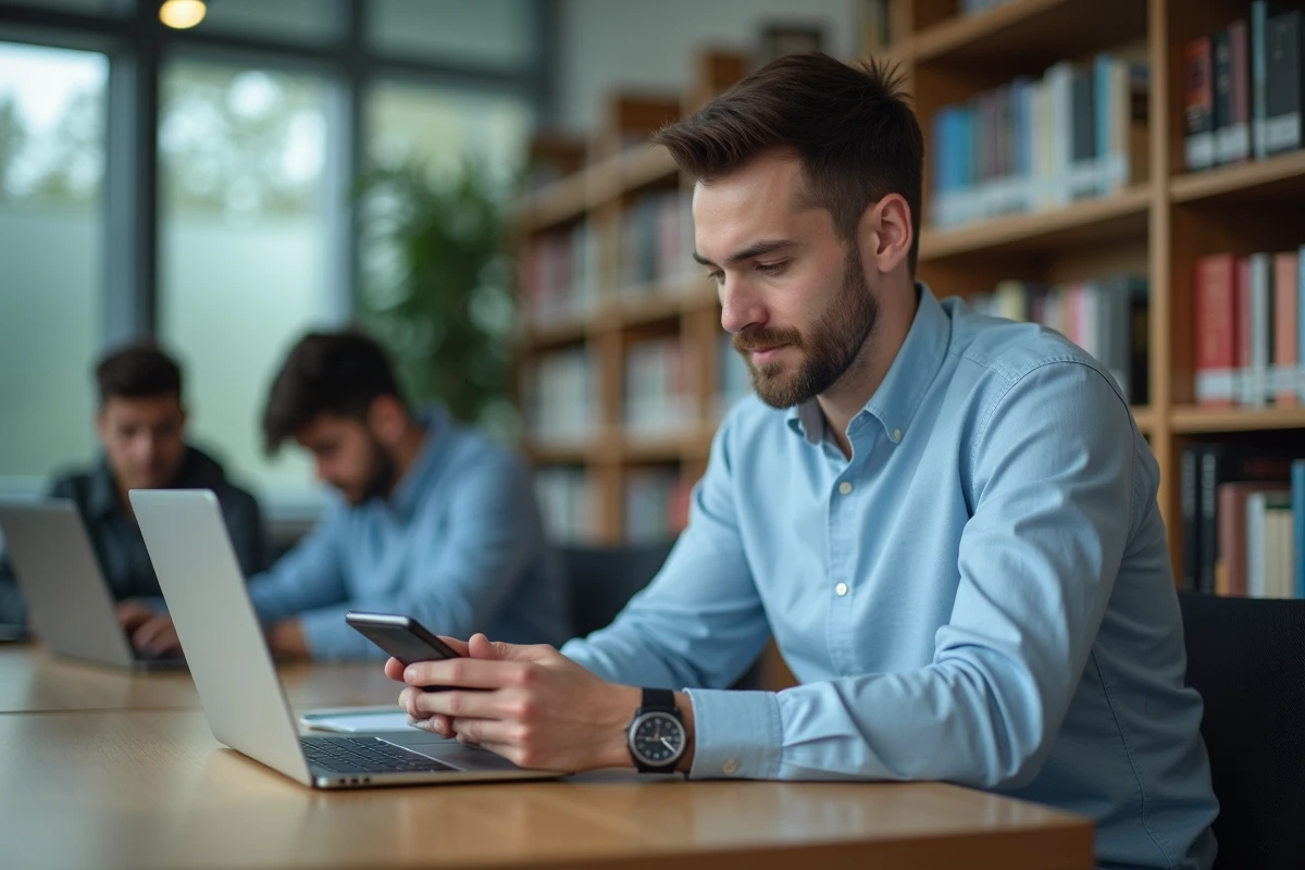 Étudiant configurant l'email UGA sur Android dans une bibliothèque universitaire moderne