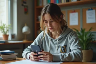 Étudiante configurant sa messagerie UGA sur iPhone dans une chambre universitaire