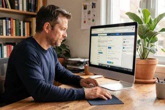Homme configurant la page d'accueil Orange sur un ordinateur de bureau dans un bureau à domicile