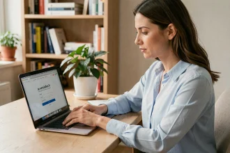 Femme connectée à sa messagerie académique ac-versailles.fr sur un ordinateur portable dans un bureau à domicile