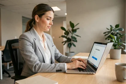 Femme connectée à un portail en ligne sur un ordinateur portable dans un bureau moderne