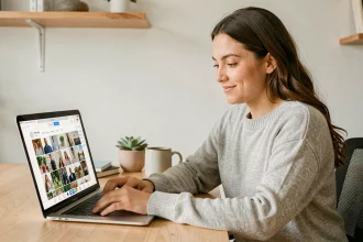 Jeune femme consultant des profils Instagram sur un ordinateur portable dans un bureau minimaliste