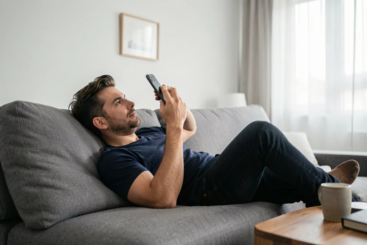 Homme allongé sur un canapé consultant discrètement les stories Snapchat sur son téléphone dans un appartement moderne