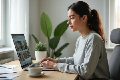 Femme convertissant des fichiers JFIF en JPG sur un ordinateur portable dans un bureau à domicile moderne