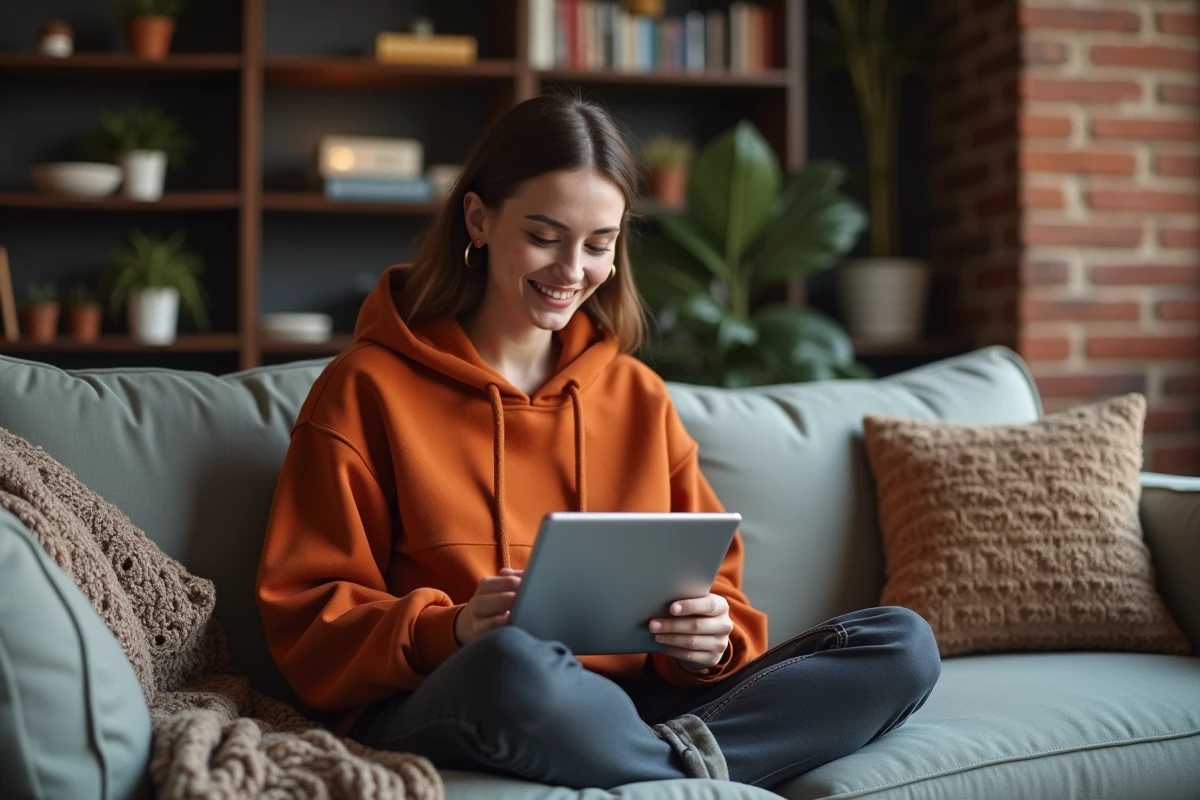 Jeune femme convertissant rapidement des images JFIF en ligne depuis une tablette dans un salon chaleureux