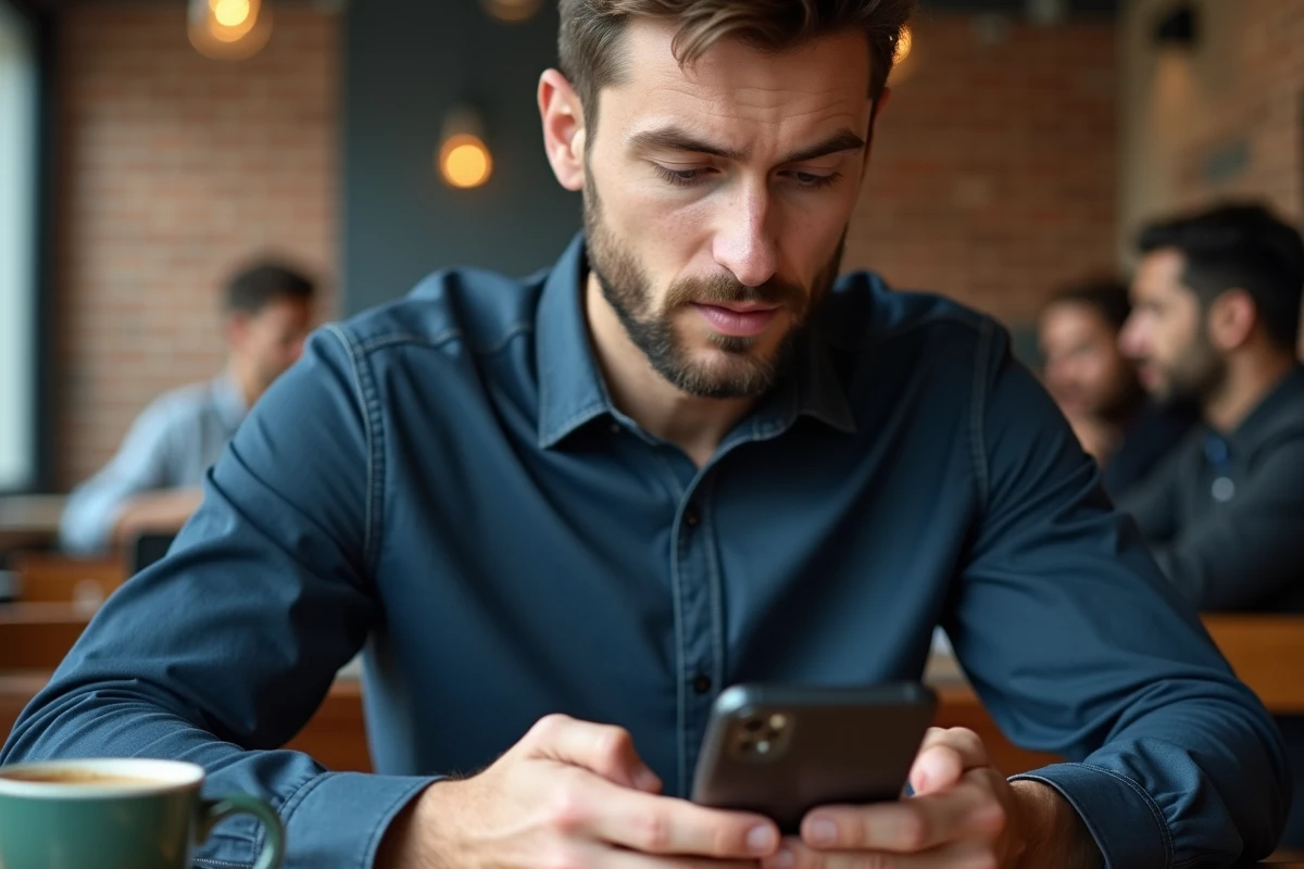 Homme utilisant une application de conversion de vidéo YouTube en MP4 sur smartphone dans un café