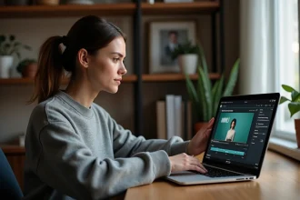 Jeune femme convertissant une vidéo YouTube en MP4 sur son ordinateur portable dans un bureau à domicile
