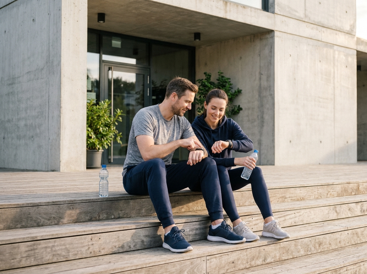 Couple de sportifs comparant leurs données d'entraînement sur leurs montres connectées après l'effort