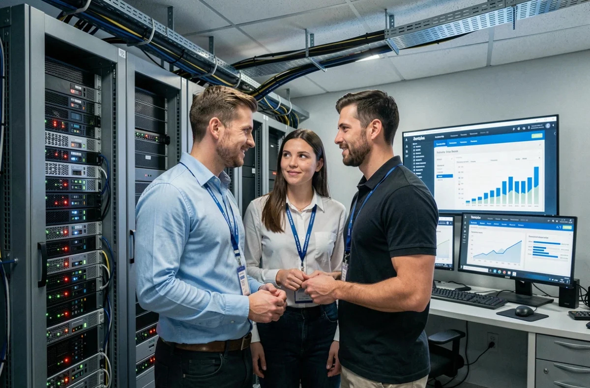 Équipe technique de l'agence Datasolution gérant des serveurs et des tableaux de bord de performance web