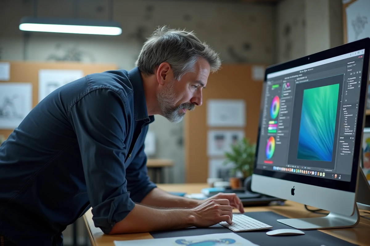 Designer graphique configurant Paint sur iMac dans un studio moderne avec panneau de couleurs visible
