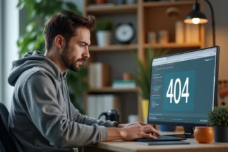 Jeune homme développeur face à une erreur 404 sur son ordinateur