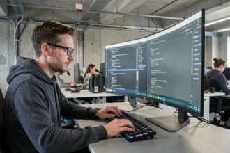 Développeur comparant VS Code et Visual Studio sur un écran ultrawide dans un bureau tech moderne