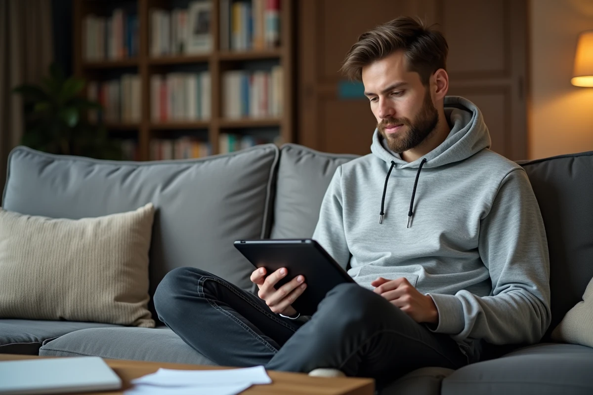 Jeune développeur freelance calculant son budget d'hébergement web sur une tablette depuis son salon
