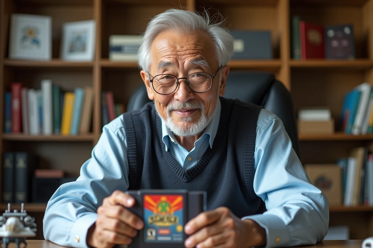 Developpeur japonais tenant une cartouche star fox dans son bureau