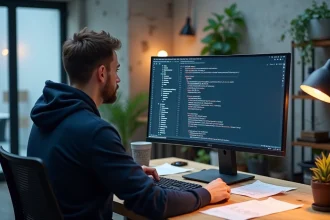 Développeur analysant un modèle de sécurité secmodel sur un écran de terminal dans un bureau tech moderne